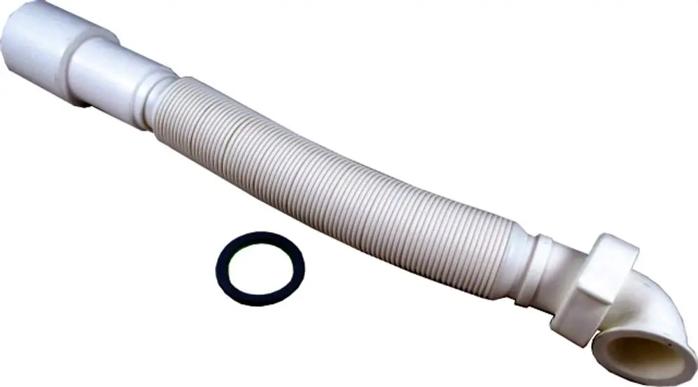 Schlauch mit gewellter Oberfläche, verbunden mit einem geraden und einem abgewinkelten Ende, in weißer Farbe, von der Marke Wolf, für Verbindungen in Sanitärsystemen.